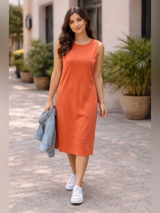 Orange Sleeveless Midi Dress Casual Knit Tank Dress Summer Minimalist - Picture 1 of 4